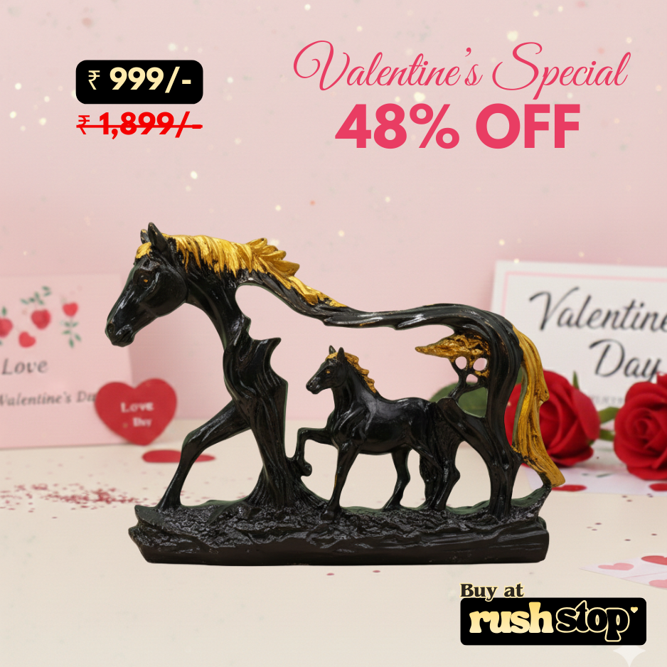 Artisan Midnight Black & Gold Horse with Foal Sculpture