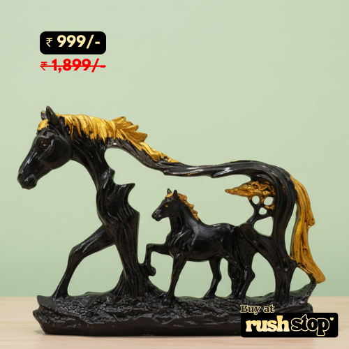 Artisan Midnight Black & Gold Horse with Foal Sculpture