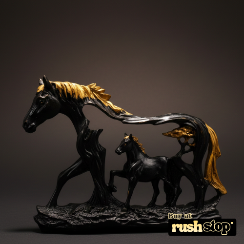 Artisan Midnight Black & Gold Horse with Foal Sculpture