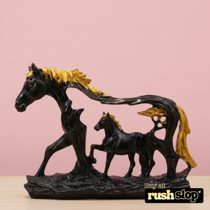 Artisan Midnight Black & Gold Horse with Foal Sculpture