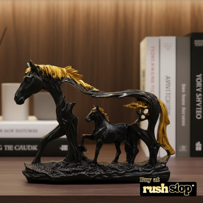 Artisan Midnight Black & Gold Horse with Foal Sculpture