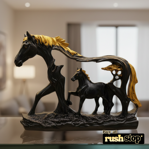 Artisan Midnight Black & Gold Horse with Foal Sculpture