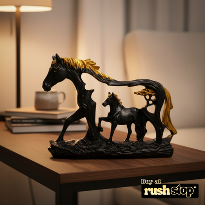Artisan Midnight Black & Gold Horse with Foal Sculpture