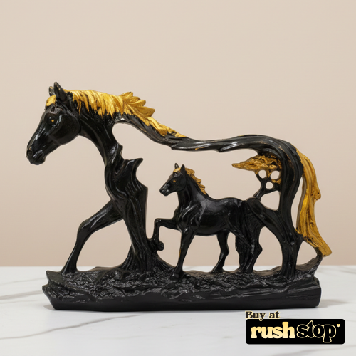 Artisan Midnight Black & Gold Horse with Foal Sculpture