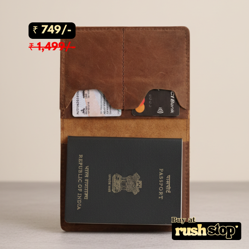 Brown leather wallet with card slots and an Indian passport, displayed on a beige background.