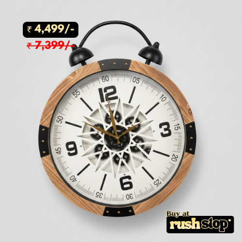 Retro gear and wood decorative wall clock with vintage station design and Roman numerals