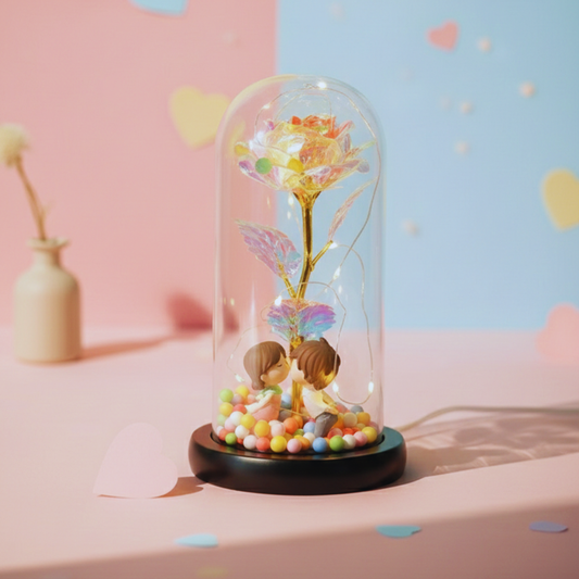 Decorative glass dome with colorful flowers and two small figures against a pastel background