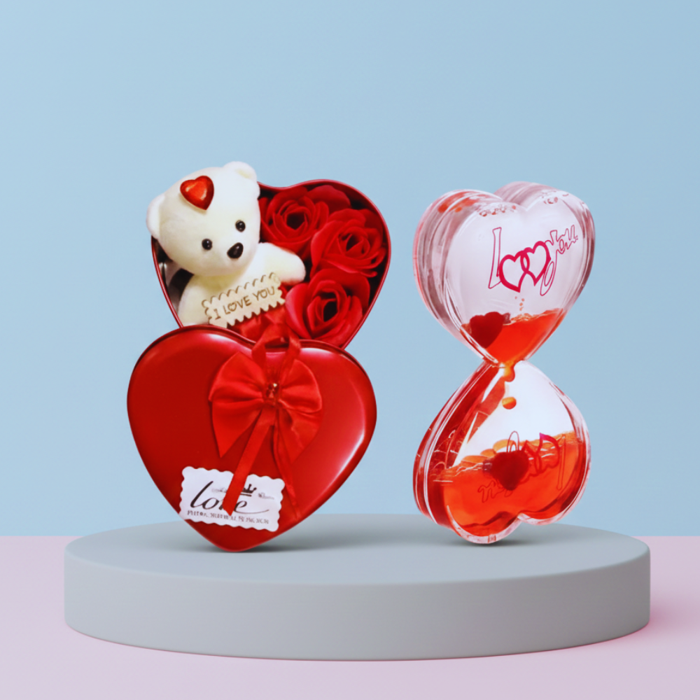 Heart-shaped gift set with a teddy bear and roses on a light blue background
