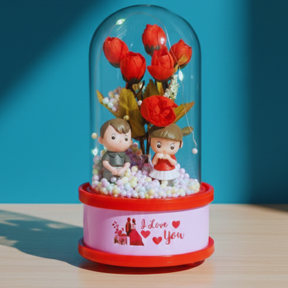 Decorative item with figurines and flowers under a glass dome on a blue background