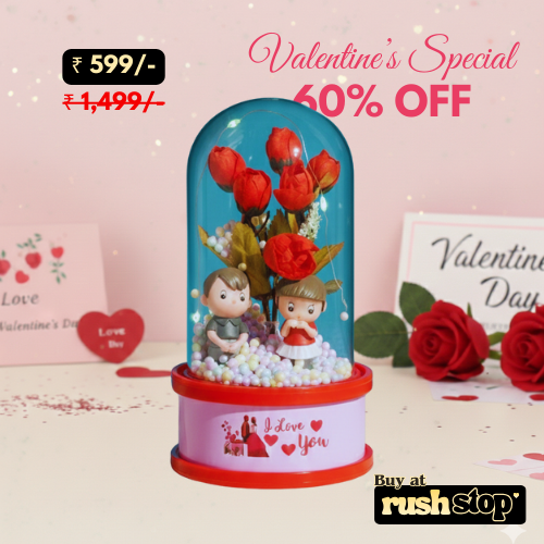 Romantic Red Rose Couple Glass Dome with LED Lights