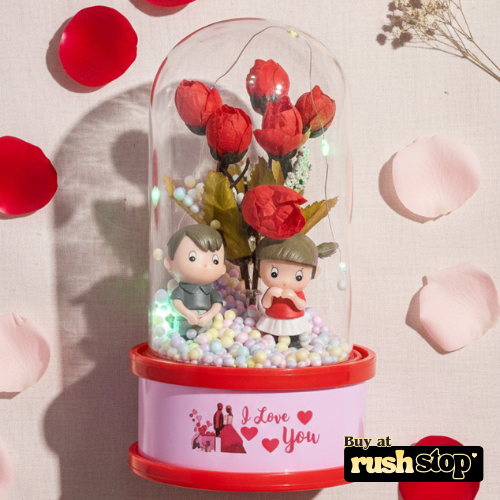 Romantic Red Rose Couple Glass Dome with LED Lights