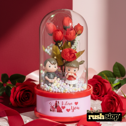 Romantic Red Rose Couple Glass Dome with LED Lights