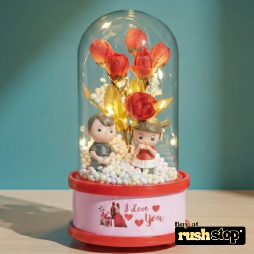 Romantic Red Rose Couple Glass Dome with LED Lights