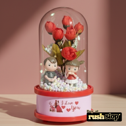 Romantic Red Rose Couple Glass Dome with LED Lights