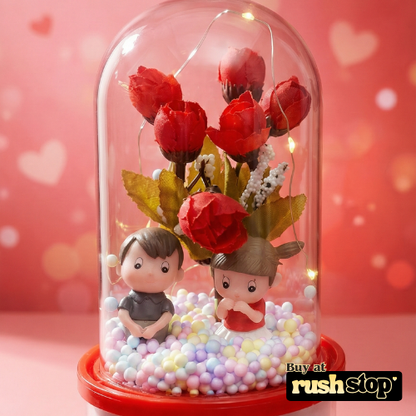 Romantic Red Rose Couple Glass Dome with LED Lights