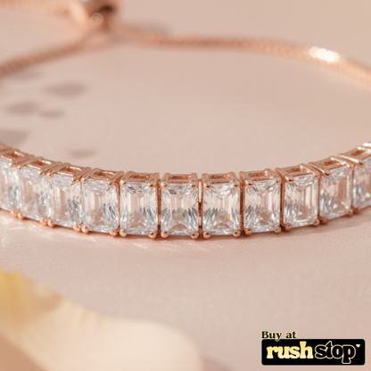 Rose gold baguette crystal bolo bracelet with adjustable slider clasp
