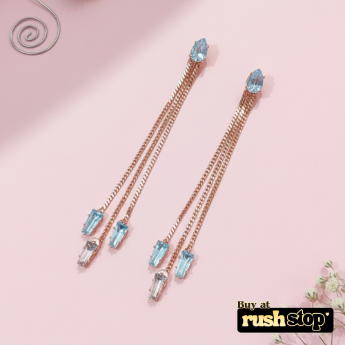Rose gold multi chain crystal dangle earrings with blue and clear baguette crystals