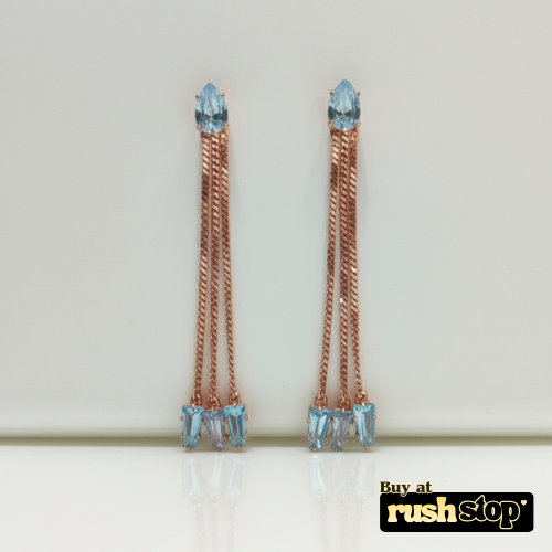 Rose gold multi chain crystal dangle earrings with blue and clear baguette crystals