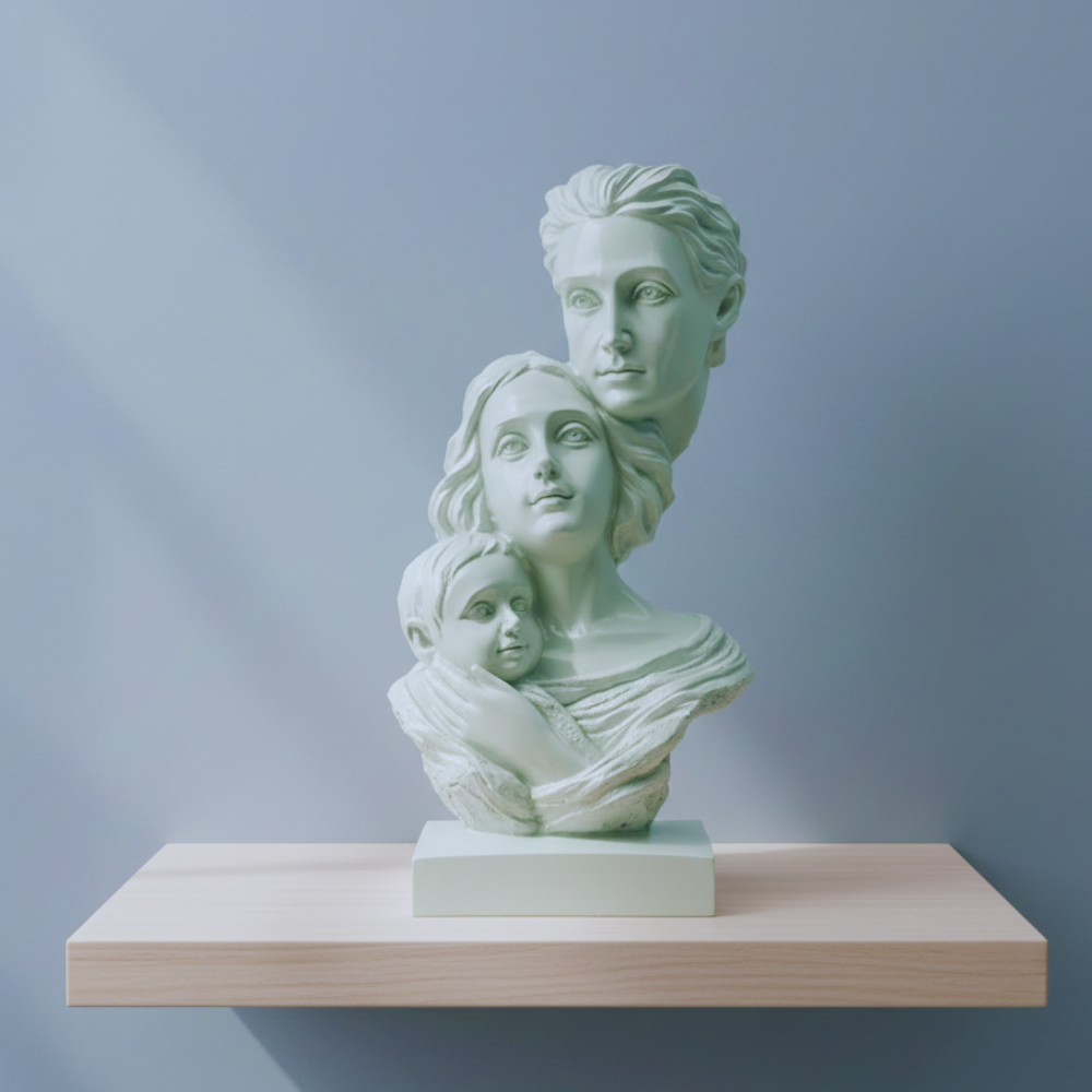 Statue of three busts on a wooden platform against a gray background
