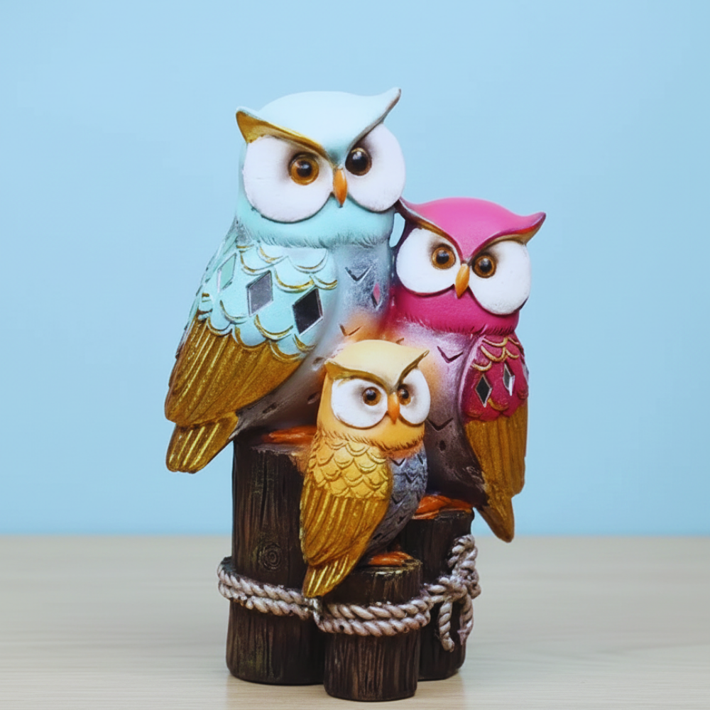 Colorful owl figurines on a wooden perch against a light blue background