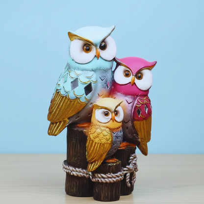 Colorful owl figurines on a wooden perch against a light blue background