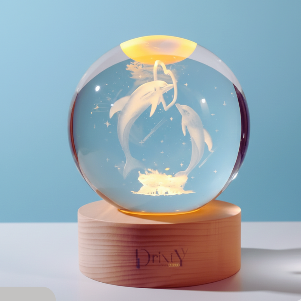 Decorative glass sphere with dolphins on a wooden base against a blue background