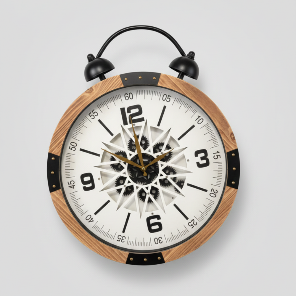 Wooden wall clock with black and gold details on a light gray background