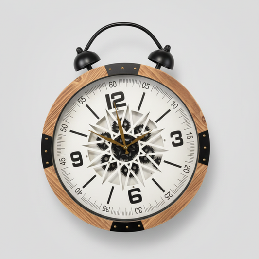 Wooden wall clock with black and gold details on a light gray background