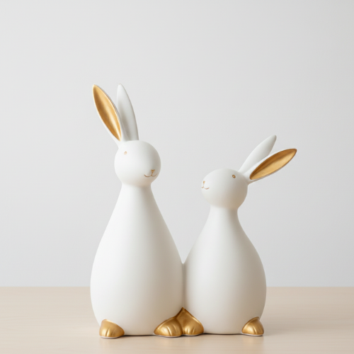Nordic Minimalist White & Gold Ceramic Rabbit Sculpture – Modern Abstract Animal Figurine