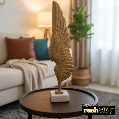 Rushstop angelic wings metallic sculpture in brushed gold with white marble base for modern home decor