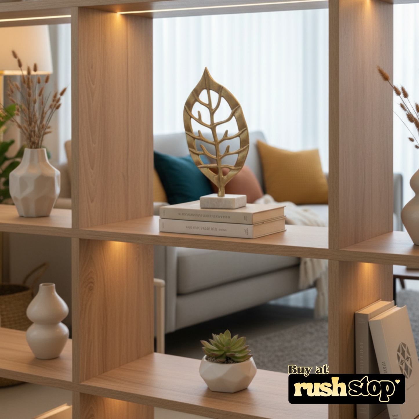 Golden aluminium decorative leaf, designer resin sculpture, handcrafted decor India, premium resin decor India – Rush Stop, free shipping home decor India.