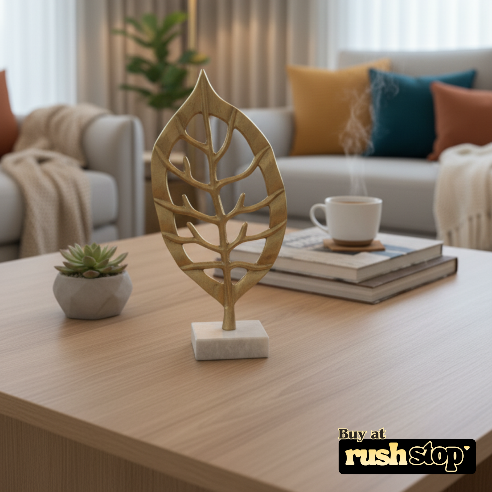 Golden aluminium decorative leaf, designer resin sculpture, handcrafted decor India, premium resin decor India – Rush Stop, free shipping home decor India.