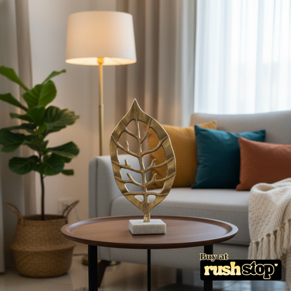 Golden aluminium decorative leaf, designer resin sculpture, handcrafted decor India, premium resin decor India – Rush Stop, free shipping home decor India.