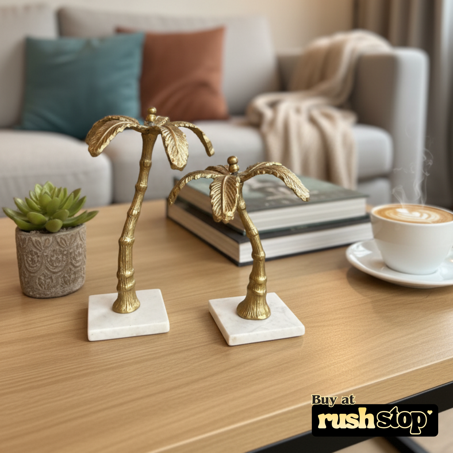 Handcrafted golden palm tree, designer resin sculpture, premium resin decor India – Rush Stop, free shipping home decor India.