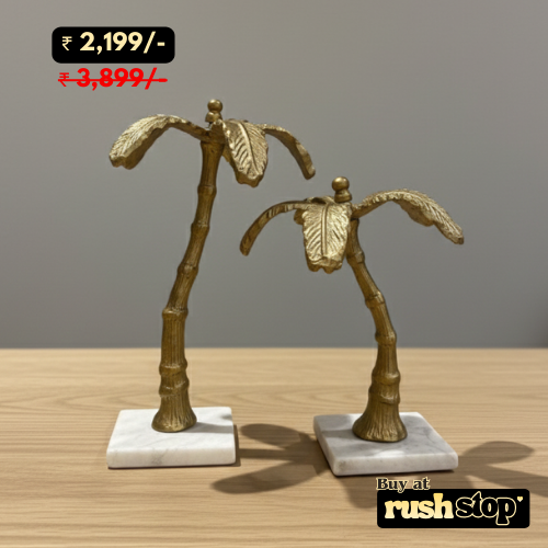 Rushstop premium handcrafted golden palm tree sculpture with white marble base