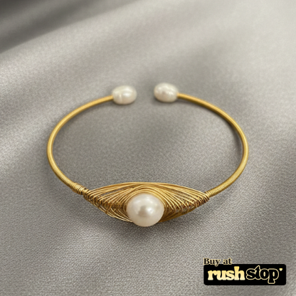 Artisanal golden freshwater pearl wire wrapped cuff bracelet