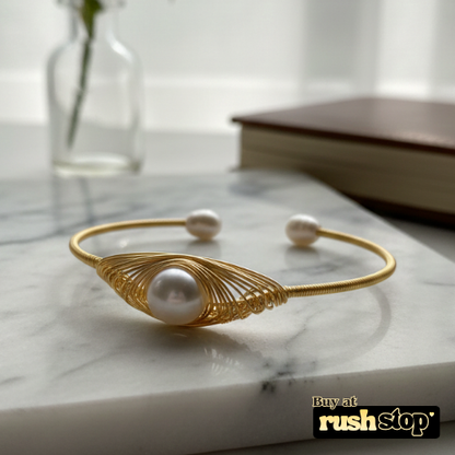 Artisanal golden freshwater pearl wire wrapped cuff bracelet