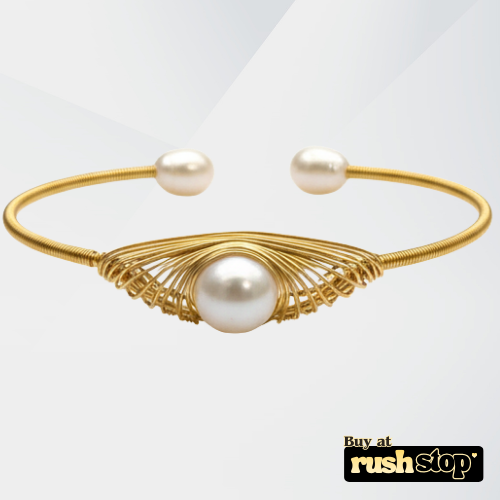 Artisanal golden freshwater pearl wire wrapped cuff bracelet