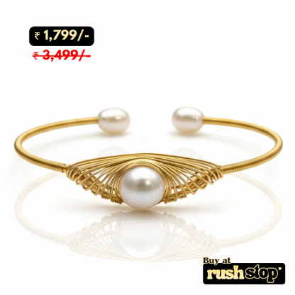 Artisanal golden freshwater pearl wire wrapped cuff bracelet