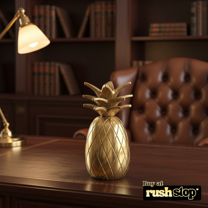 Golden pineapple table decor from Rush Stop, suited for modern resin figurine and handcrafted decor India setups.