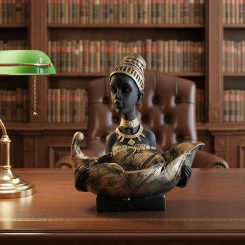 Handcrafted African lady sculpture holding decorative leaf bowl