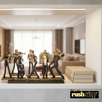 Handcrafted abstract musician band figurine set in matte black with gold and silver accents for modern home decor