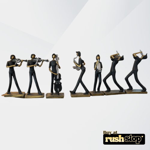Handcrafted abstract musician band figurine set in matte black with gold and silver accents for modern home decor