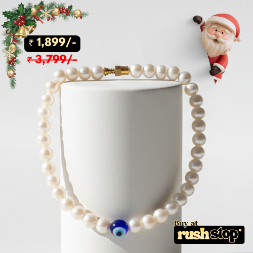 Handmade freshwater pearl nazar bracelet with evil eye charm