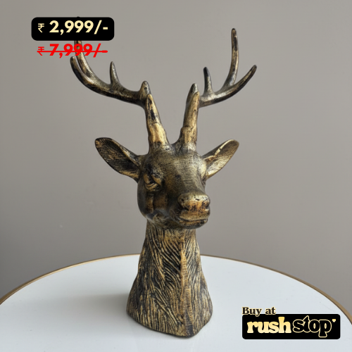 Rushstop Homesake brass deer head sculpture in antique gold and black
