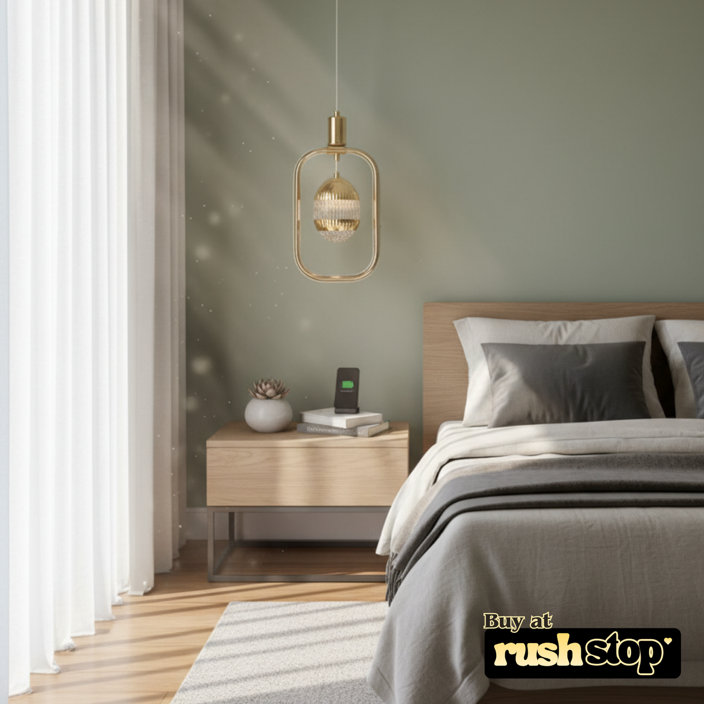 Luxury gold pendant light with geometric frame and crystal globe for modern dining and foyer lighting