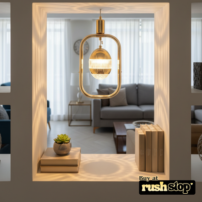 Luxury gold pendant light with geometric frame and crystal globe for modern dining and foyer lighting