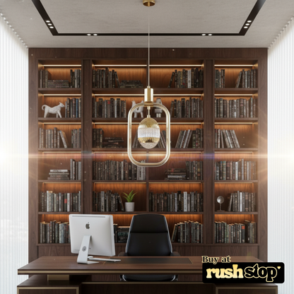 Luxury gold pendant light with geometric frame and crystal globe for modern dining and foyer lighting