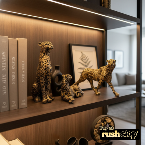 Luxury golden panther showpiece, designer resin sculpture, handcrafted decor India, premium resin decor India – Rush Stop, free shipping home decor India.