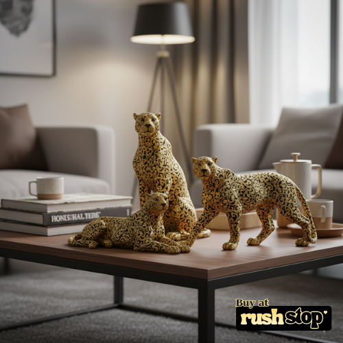 Luxury golden panther showpiece, designer resin sculpture, handcrafted decor India, premium resin decor India – Rush Stop, free shipping home decor India.